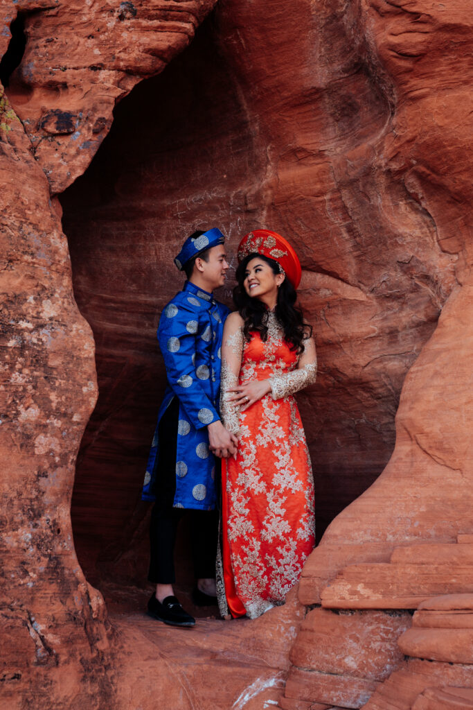 Traditional Vietnamese wedding attire at Red Rock Canyon