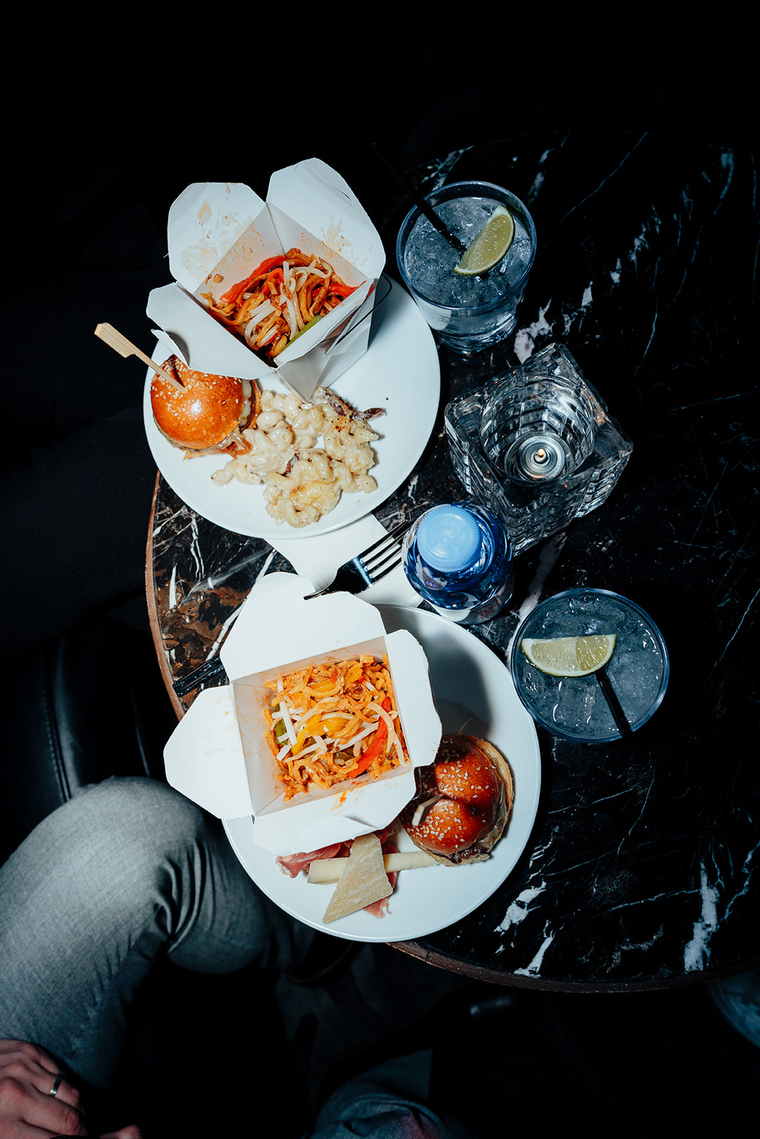 Plates of Mini Burgers, Pasta, and Drinks at Wedding Reception