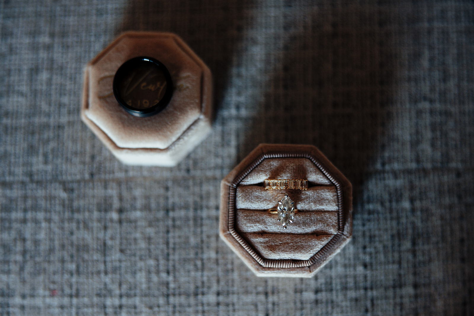 Close-up of elegant wedding rings in a velvet box for a Las Vegas wedding.