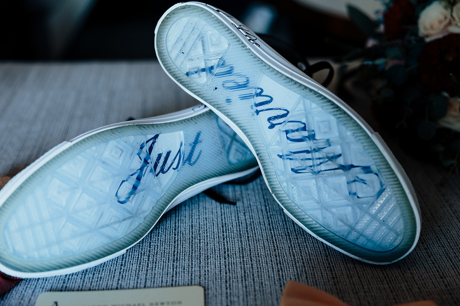 Wedding sneakers with “Just Married” lettering for a Las Vegas wedding.