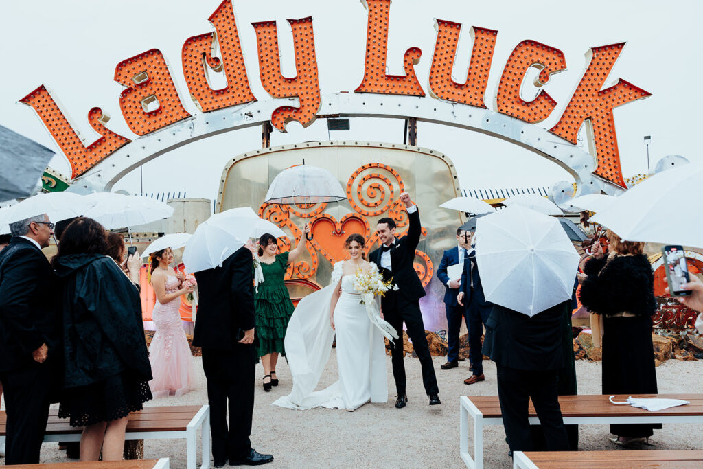 Joyful Newlyweds Celebrate at Neon Museum Las Vegas Wedding