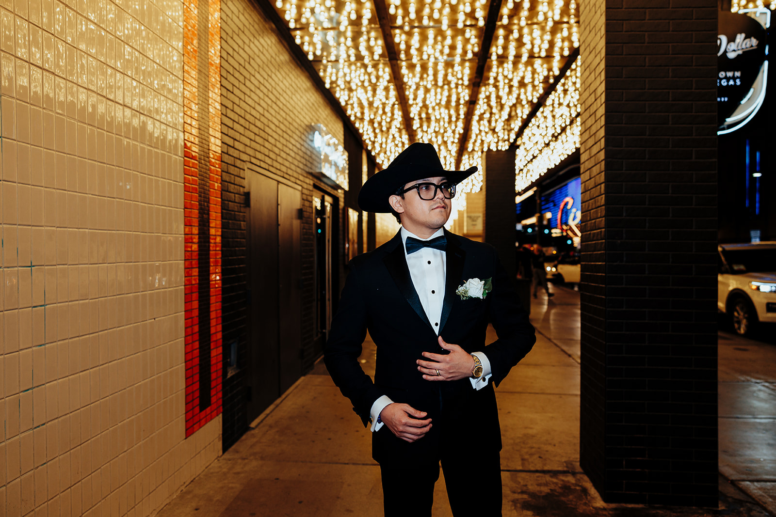 Stylish Groom in Tuxedo and Cowboy Hat in Las Vegas