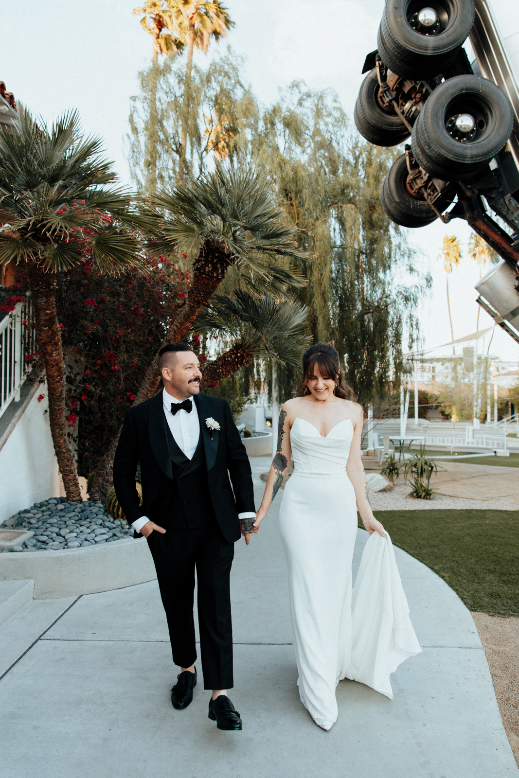 A Wedding Couple walking outside of Fergusons in Las Vegas