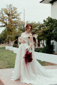 Bridal portraits on the terrace outside the mansion